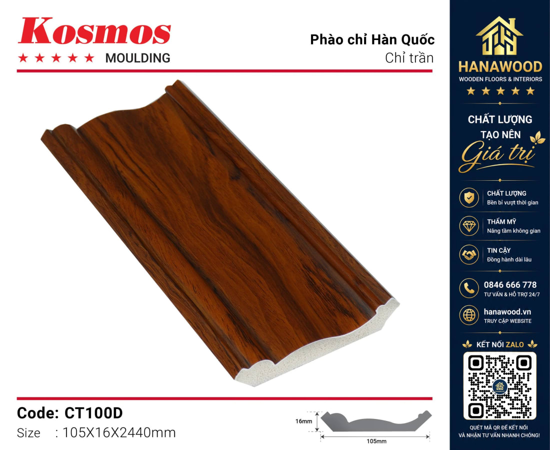 Phào Cổ Trần Kosmos CT100D màu gỗ sẫm che khe trần tường bản lớn 10cm