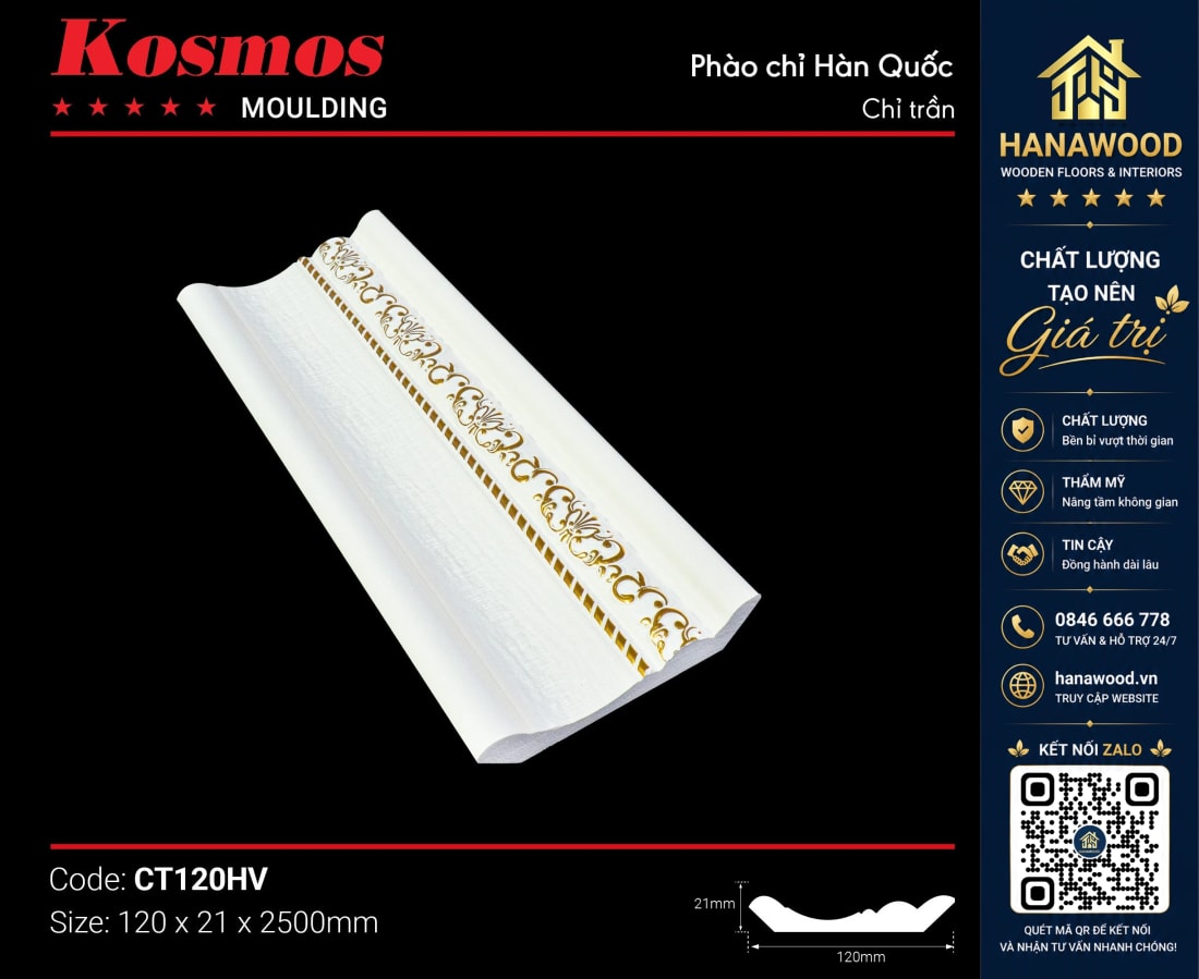 Phào Cổ Trần Kosmos CT120HV bản cao 12cm họa tiết hoa văn nổi đẳng cấp