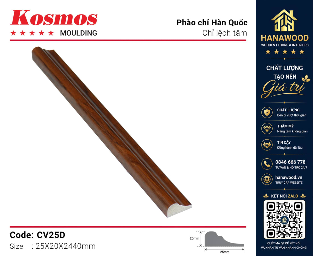 Chỉ Khung Lệch Tâm Kosmos CV25D màu vân gỗ đậm chống nước tuyệt đối