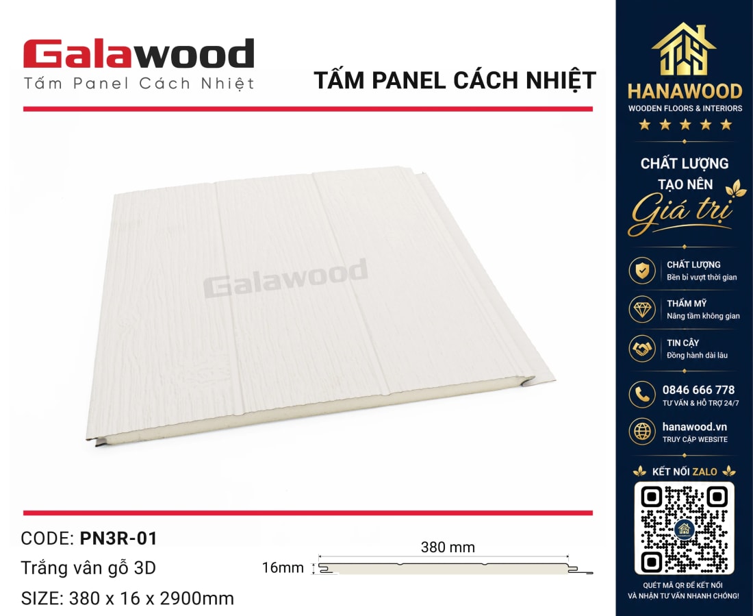 Tấm Ốp Panel Cách Nhiệt 3 Rãnh Galawood PN3R-01 Trắng Vân Gỗ 3D cách âm mảng lớn
