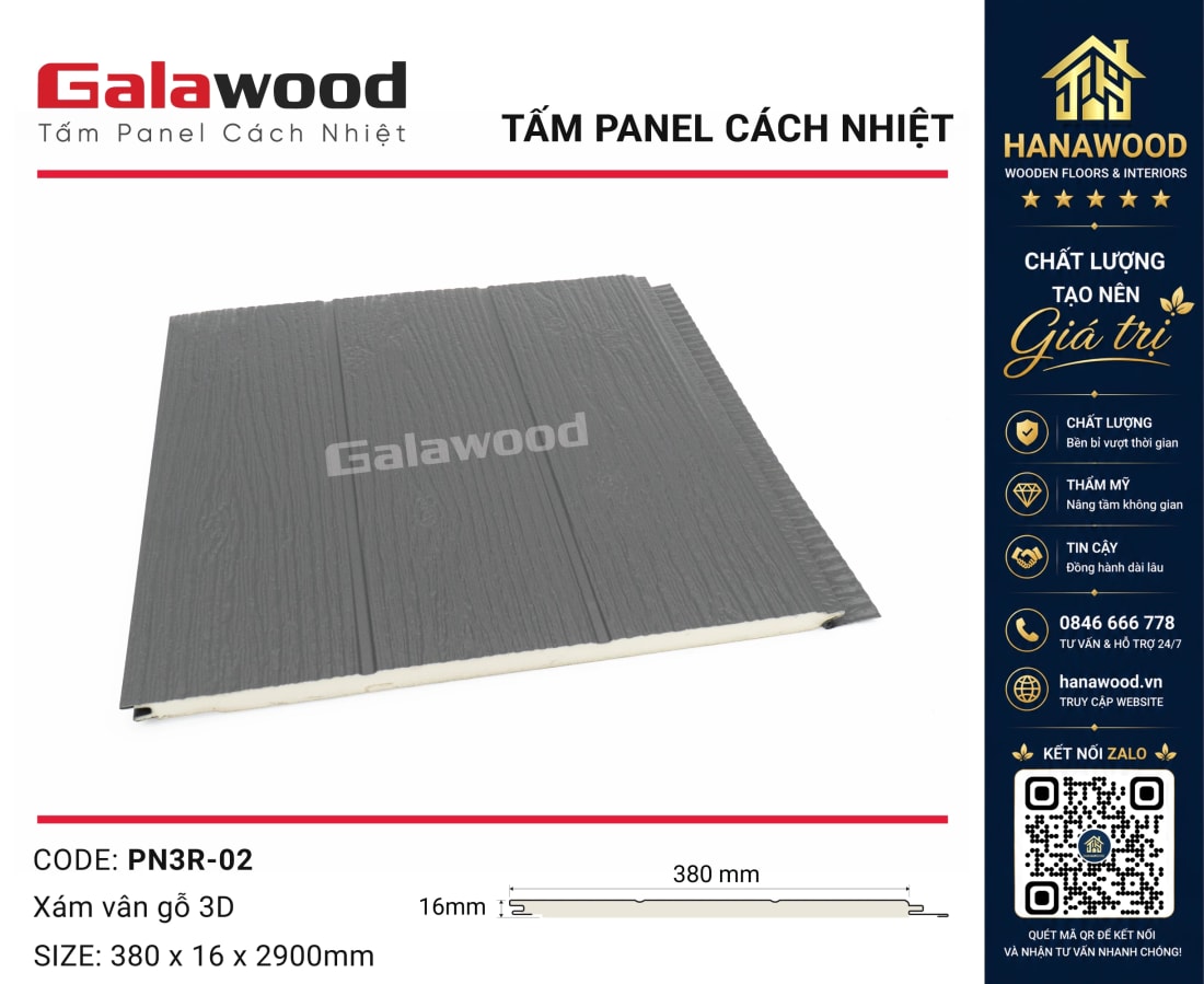 Tấm Panel 3 Rãnh Cách Nhiệt Galawood PN3R-02 Xám Vân Gỗ 3D hiện đại chống va đập