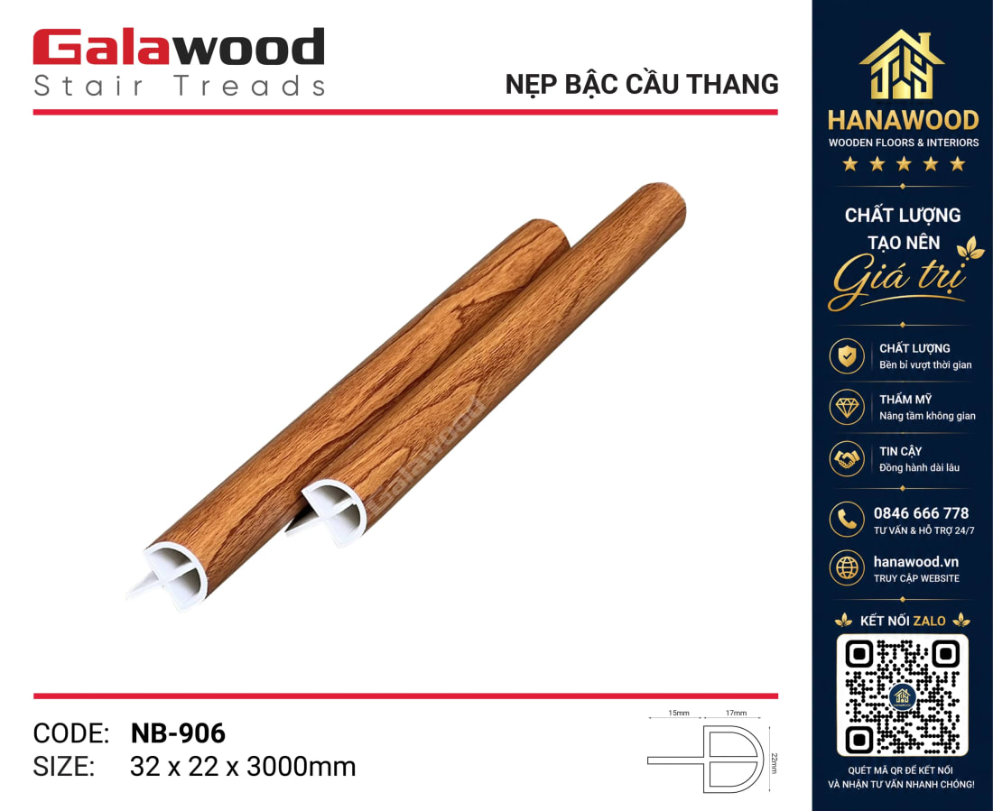 Nẹp Bậc Cầu Thang Nhựa PVC Giả Gỗ Galawood NB-906 chốt mép bậc chống sứt mẻ