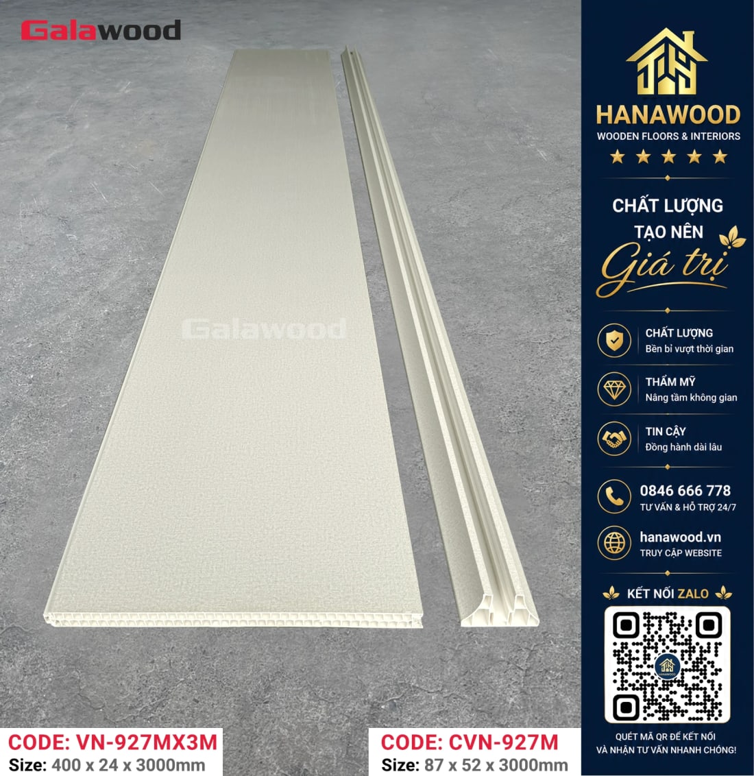 Chân Vách Ngăn Nhựa PVC Galawood CVN-927MX3M Vân Trắng Kem chốt chân chắc chắn