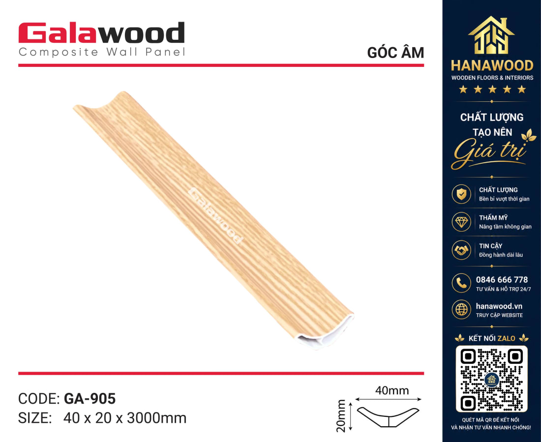 Phào Góc Âm GA40x20 Galawood GA905 Nhựa Giả Gỗ nẹp góc âm 4cm