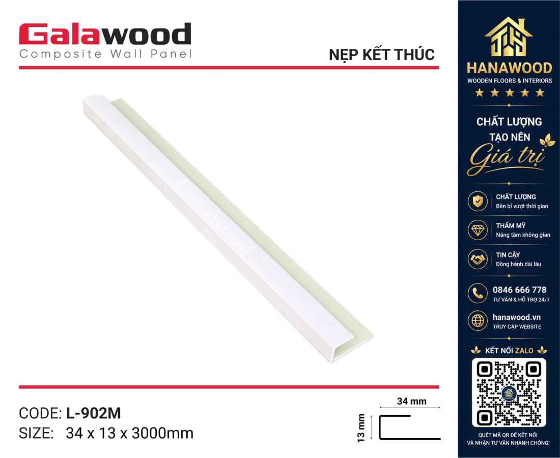 Phụ Kiện Nẹp Kết Thúc Tấm Ốp Tường Galawood L902 Màu Trắng Trơn - Hanawood TP.HCM