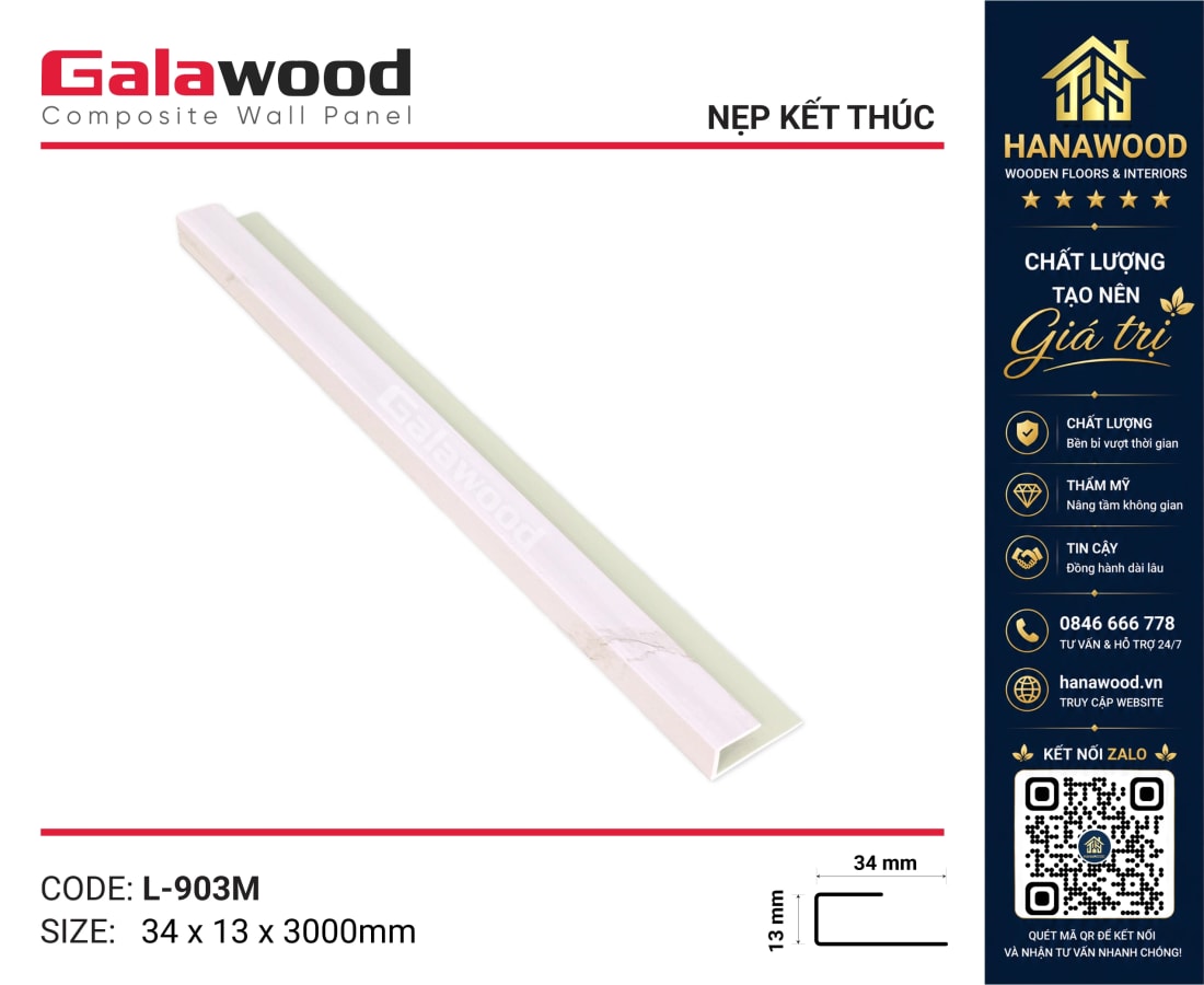 Phụ Kiện Nẹp Kết Thúc Tấm Ốp Tường Galawood L903 Màu Vân Đá Trắng - Hanawood TP.HCM