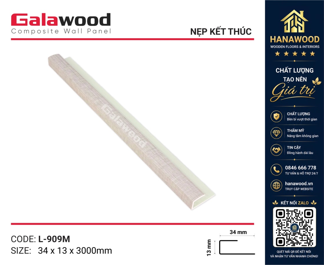 Phụ Kiện Nẹp Kết Thúc Tấm Ốp Tường Màu Trắng Galawood L909 - Hanawood TP.HCM