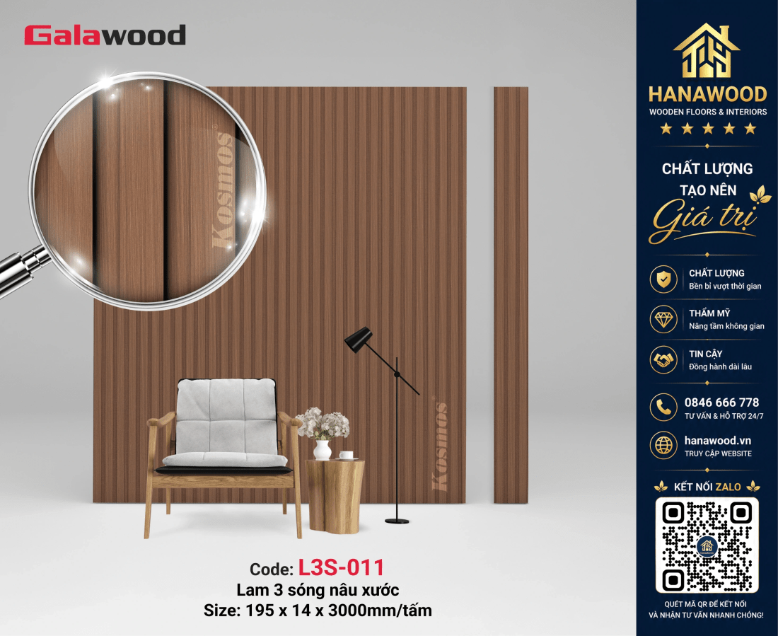 Tấm Ốp Lam Sóng Nhựa Giả Gỗ Galawood L3S-011 màu vân gỗ mộc mạc chống nước