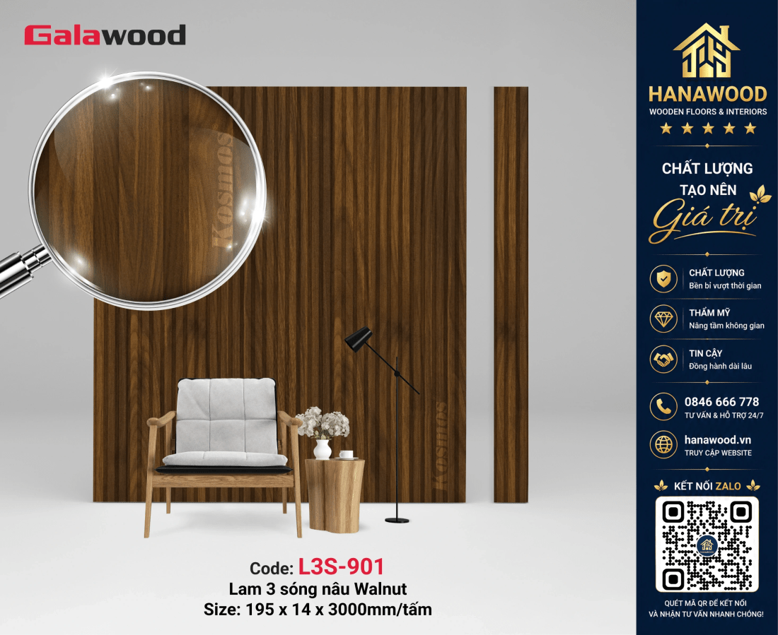 Tấm Nhựa Ốp Tường Lam Sóng Giả Gỗ Galawood L3S-901 tông ấm áp sang trọng