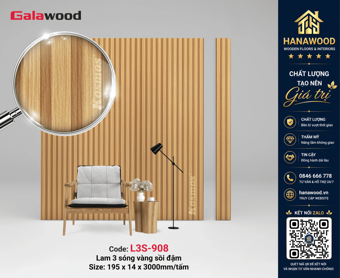 Lam Sóng Nhựa Ốp Trần Giả Vân Vải Galawood L3S-904 nhẹ bền cách âm tốt