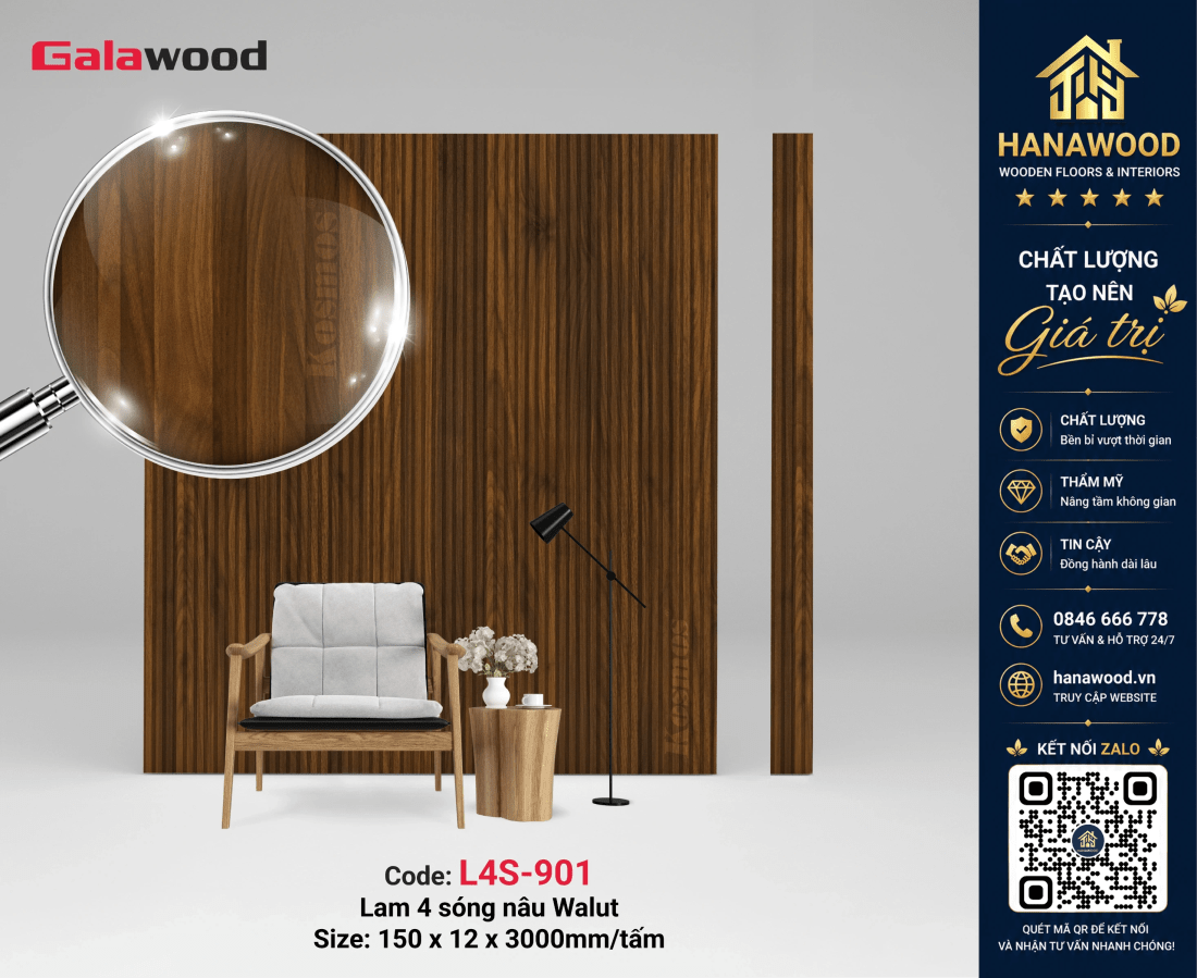 Tấm Ốp Lam Sóng Nhựa Giả Gỗ Galawood L4S-901 tông màu gỗ tươi sáng