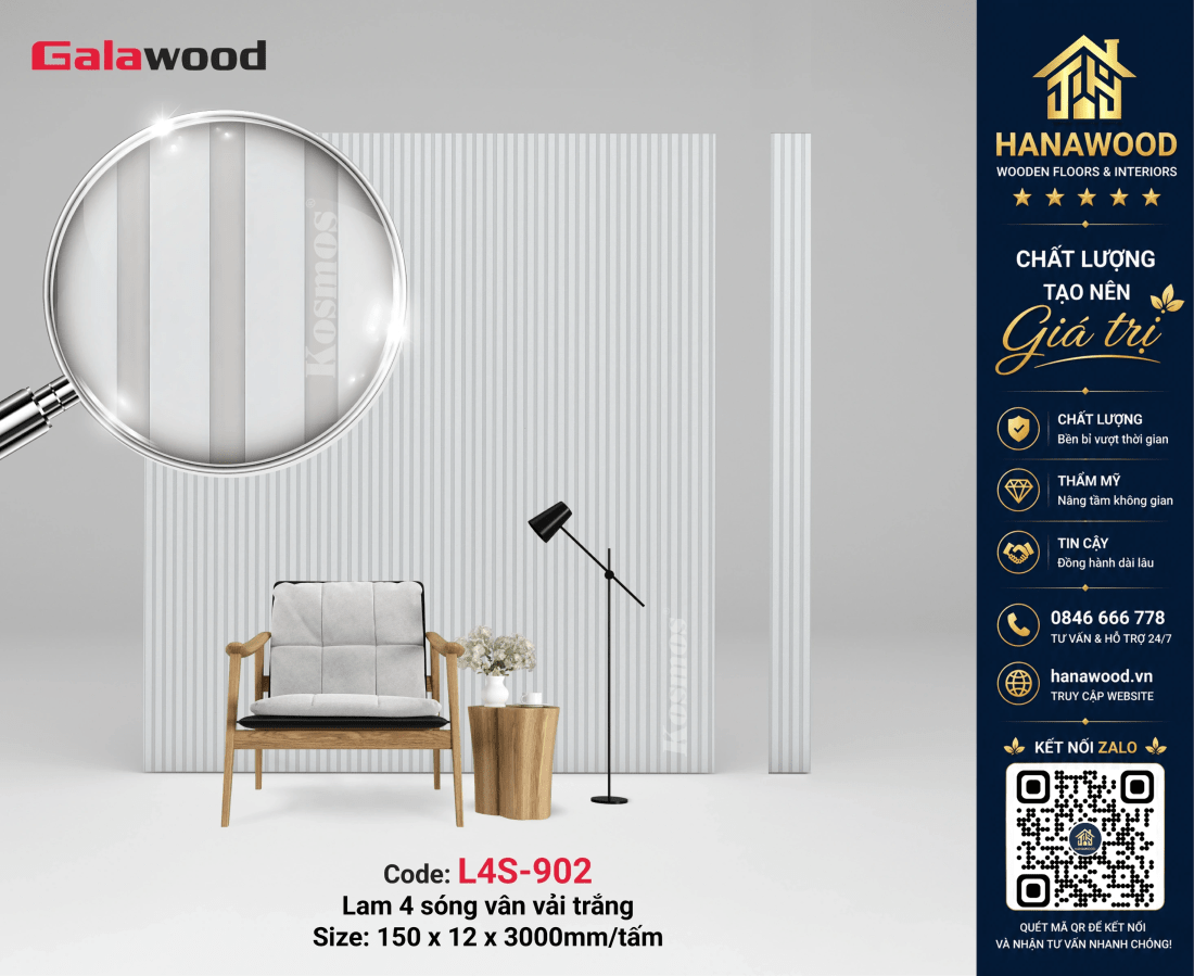 Lam 4 Sóng Nhựa Ốp Tường Galawood L4S-902 Màu Trắng sáng sạch không gian