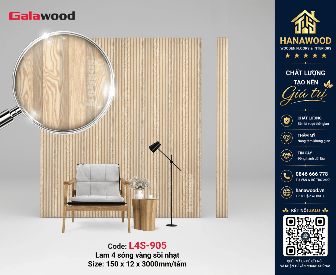Nhựa Lam Sóng Ốp Tường Giả Gỗ Galawood L4S-905 chống ẩm mốc tuyệt đối