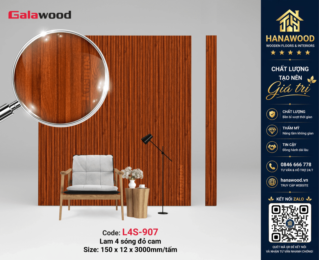 Tấm Nhựa Lam Sóng Ốp Trần Giả Gỗ Galawood L4S-907 tạo điểm nhấn vách trần