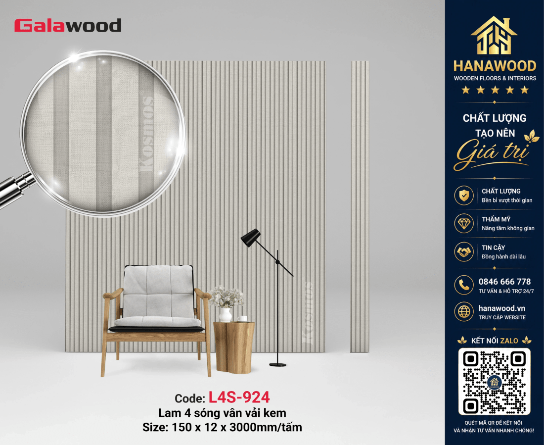 Tấm Ốp Tường Trần Lam Sóng Giả Vân Vải Galawood L4S-924 bề mặt mịn sang