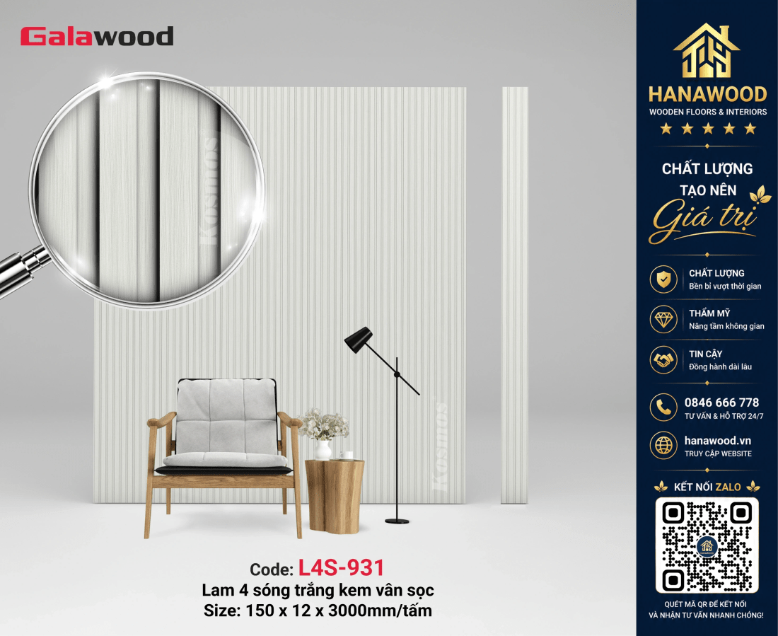 Tấm Ốp Lam 4 Sóng Nhựa Giả Gỗ Galawood L4S-931 màu gỗ sồi sáng ấm cúng