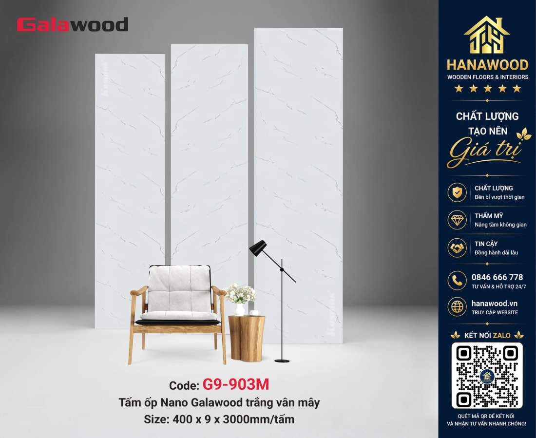 Tấm Ốp Tường Nano Galawood G9-903M Màu Trắng Vân Mây tinh tế bề mặt bóng đẹp