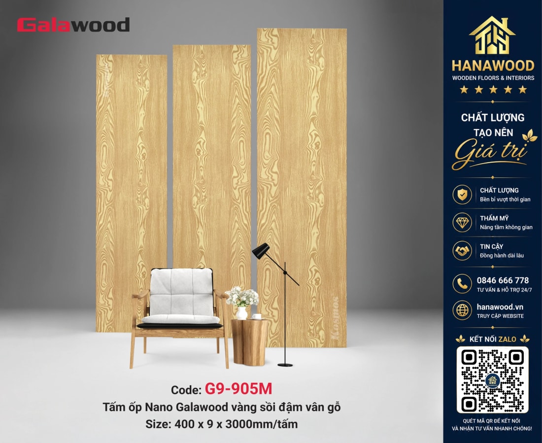 Tấm Nhựa Ốp Tường Nano Giả Vân Gỗ Sồi Nhạt Galawood G9-905M tông màu tươi sáng