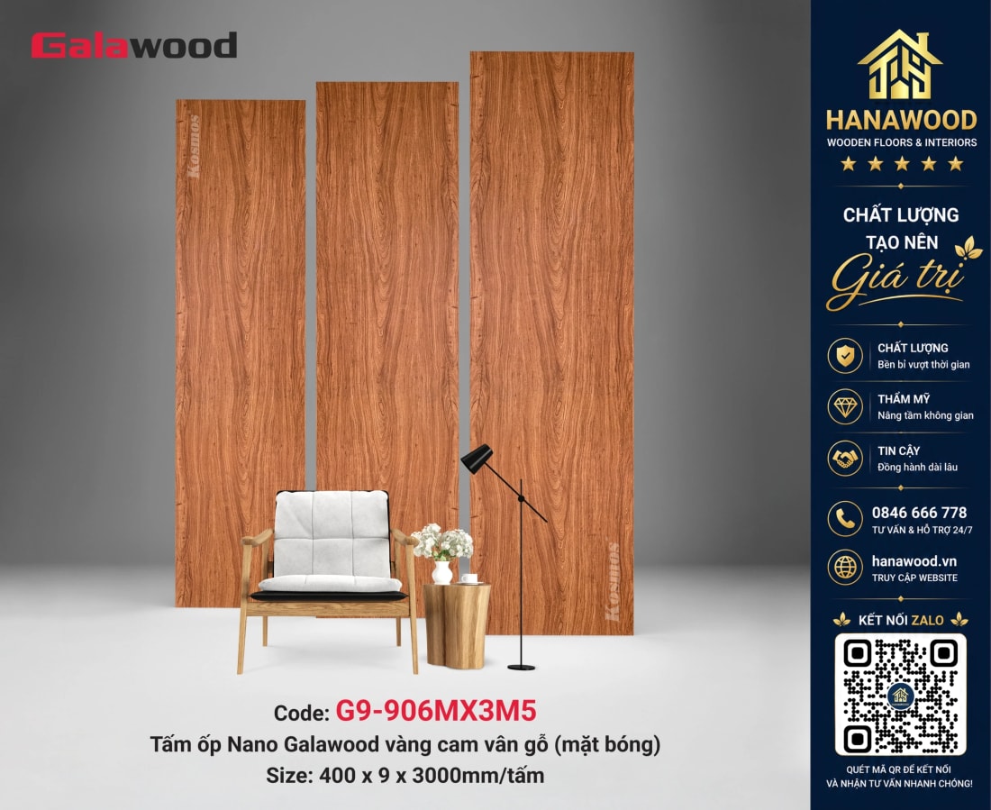 Tấm Nhựa Ốp Tường Nano Giả Gỗ Galawood G9-906MX3M5 bản dài 3m5 mảng tường lớn