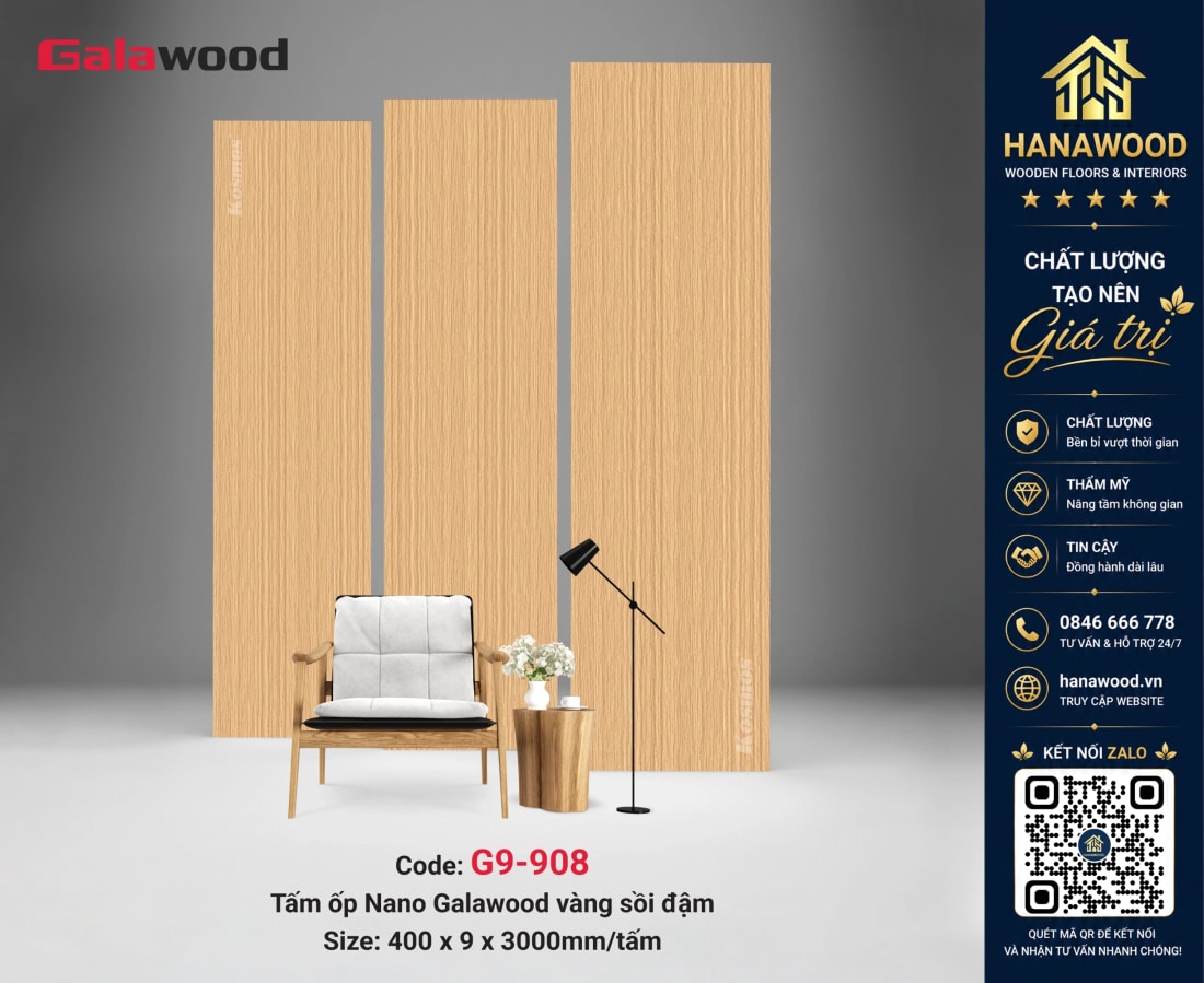 Tấm Nhựa Ốp Trần Nano Giả Gỗ Galawood G9-908 chống cong vênh vượt trội