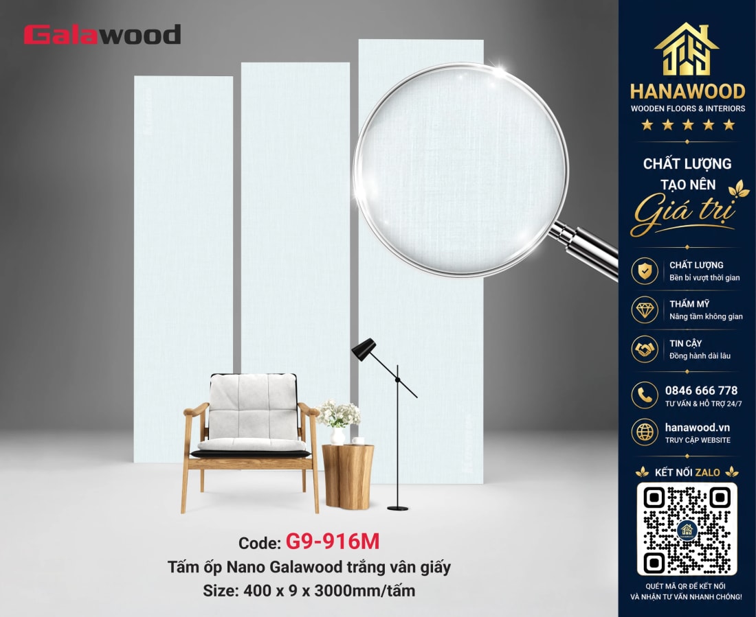 Nhựa Ốp Tường Nano Màu Trắng Galawood G9-916M phủ bóng chống bám bẩn