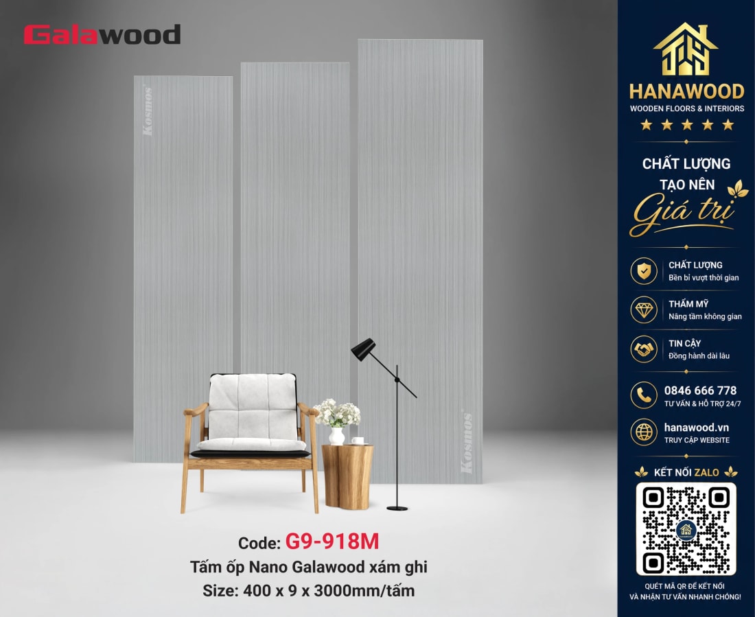 Tấm Nhựa Ốp Nano Galawood G9-918M Vân Gỗ Xám cá tính hợp căn hộ chung cư