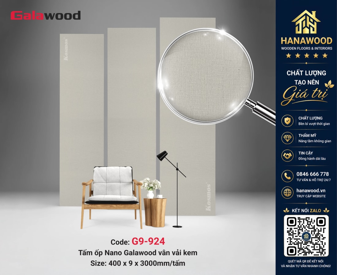 Tấm Ốp Tường Ốp Trần Nano Galawood Giả Vân Vải G9-924 bề mặt mịn đẹp