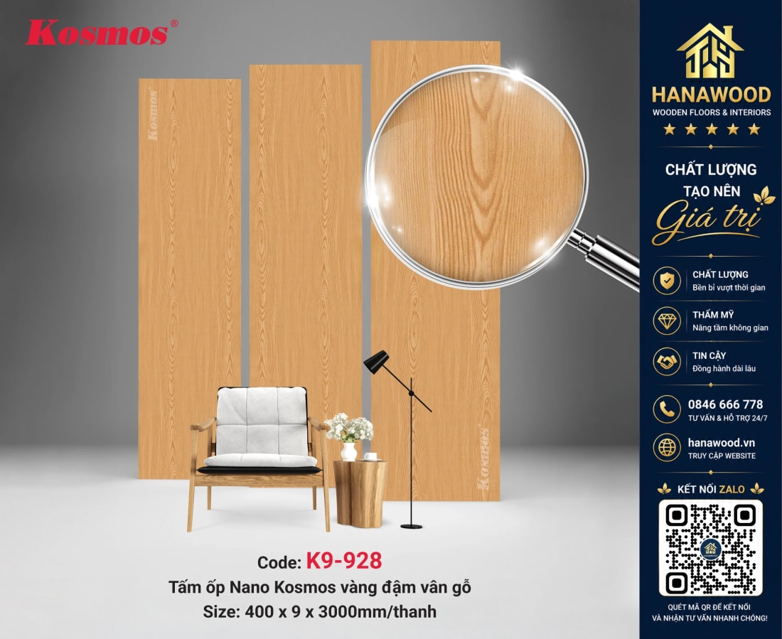 Tấm Ốp Tường Nano Nhựa Chân Kép Giả Vân Gỗ Kosmos K9-928 vân gỗ trầm sang