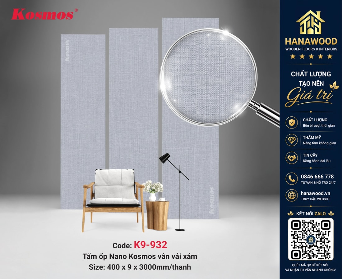 Tấm Ốp Tường Nano Nhựa Vân Vải Xám Kosmos K9-932 xám hiện đại tối giản