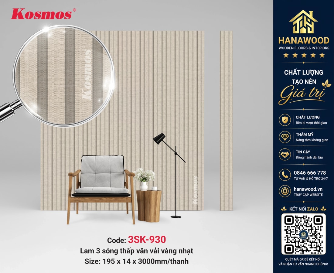 Tấm Ốp Tường Lam Sóng Giả Vân Vải Vàng Nhạt Kosmos 3SK-930 nhẹ bền