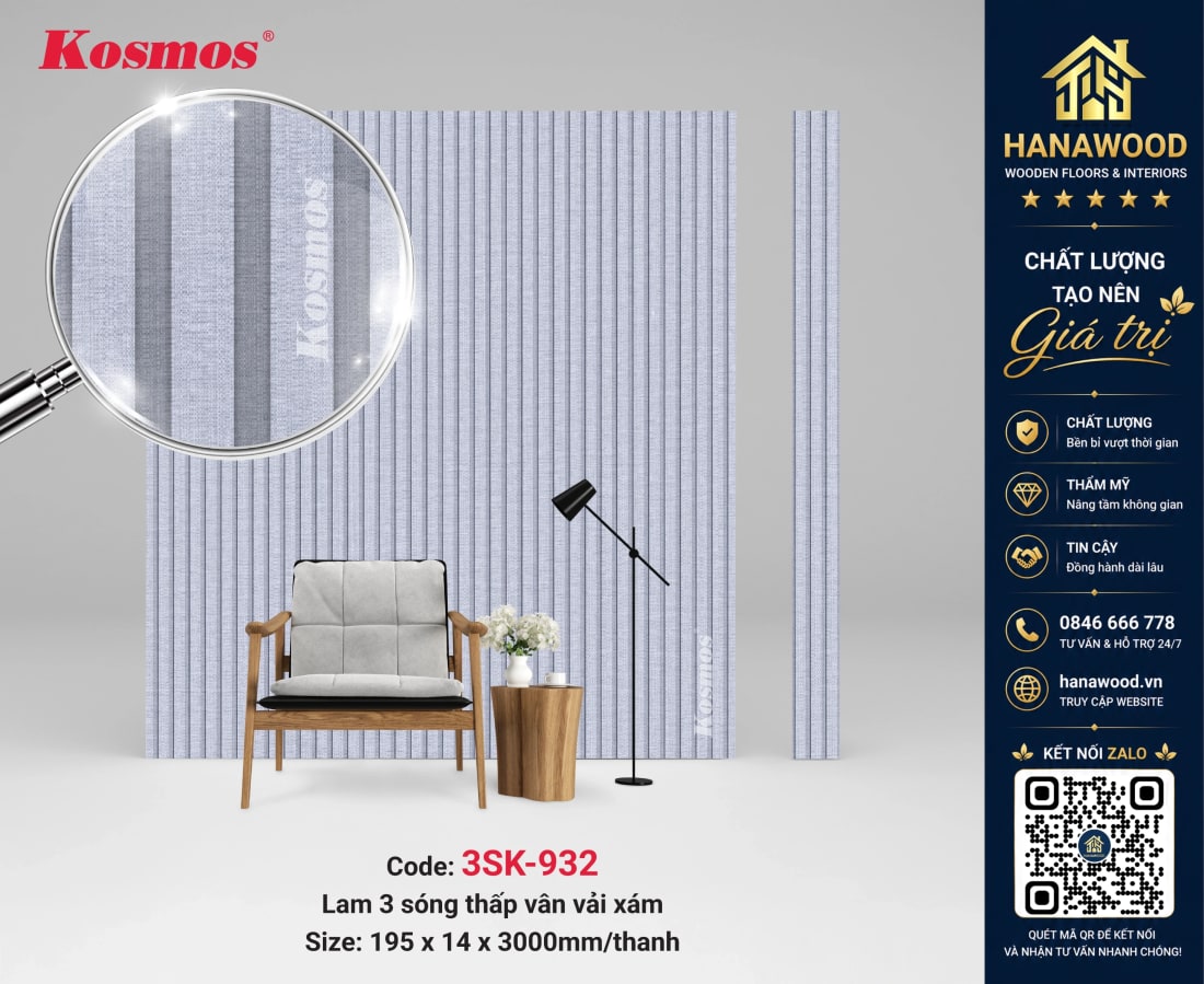 Tấm Nhựa Ốp Tường Lam 3 Sóng Vân Vải Xám Kosmos 3SK-932 thi công gọn nhẹ