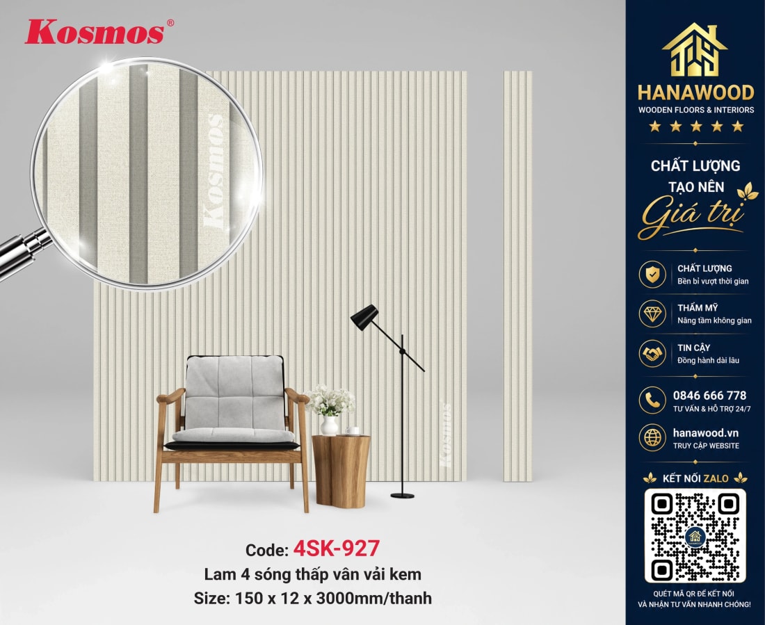Tấm Ốp Lam 4 Sóng Kép Giả Vân Vải Kosmos 4SK-927 xám kem trang nhã