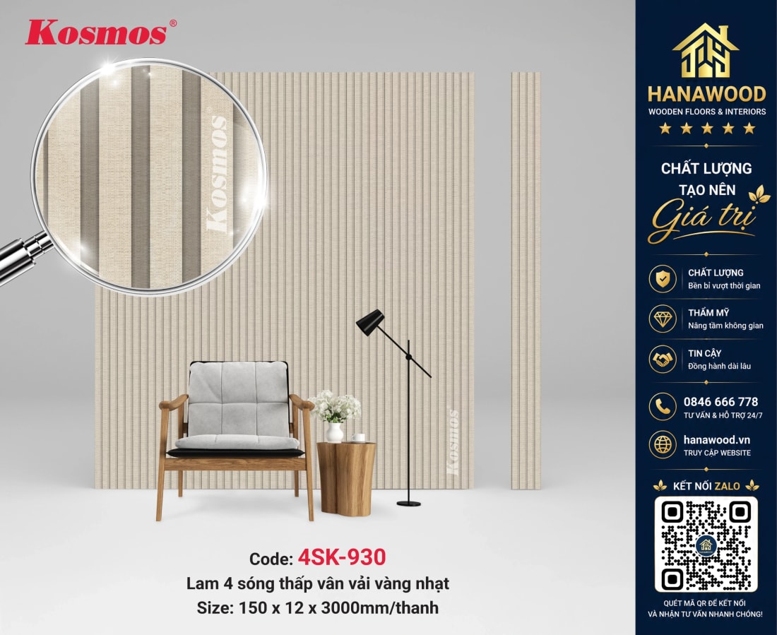 Tấm Ốp Tường Trần Lam 4 Sóng Kép Kosmos Vân Vải 4SK-930 tông ấm cúng