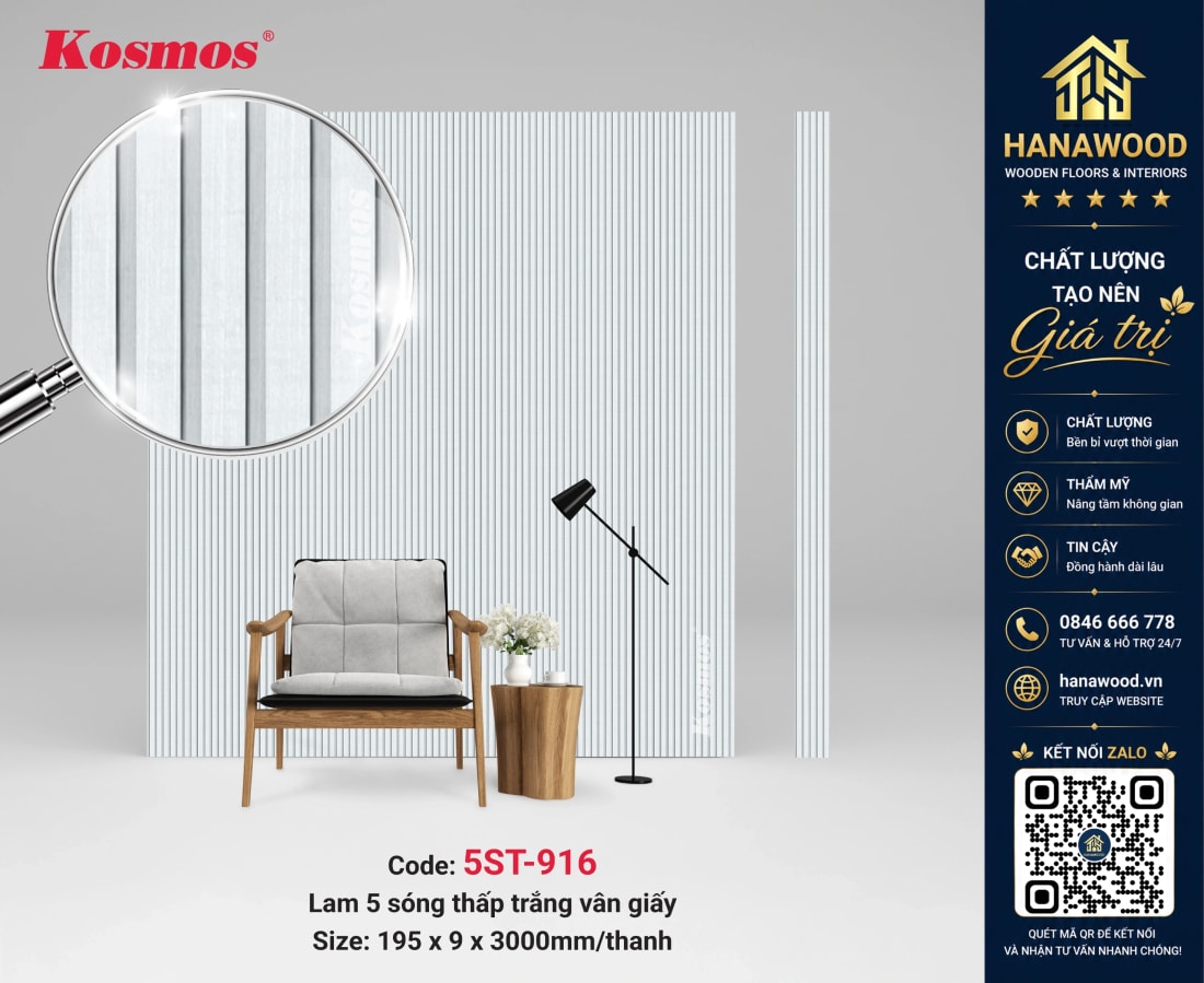 Tấm Nhựa Ốp Trần Lam 5 Sóng Màu Trắng Kosmos 5ST-916 tối giản rộng rãi