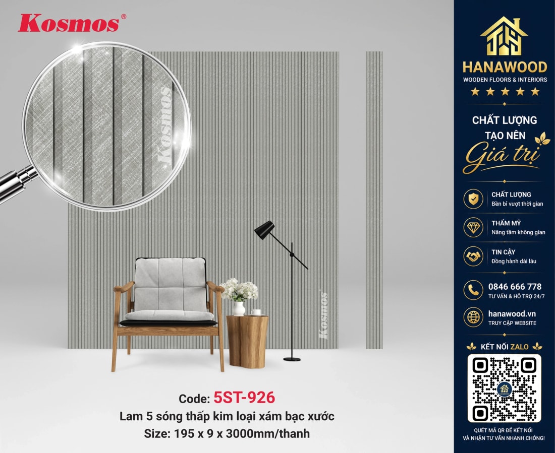 Tấm Ốp Tường Trần Lam 5 Sóng Vân Vải Kosmos 5ST-926 hoa văn nhã nhặn