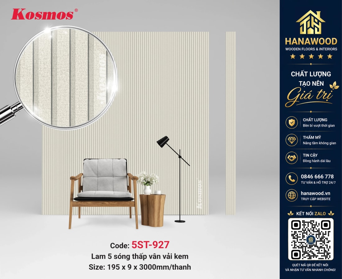 Tấm Ốp Nhựa Lam 5 Sóng Thấp Vân Vải Kosmos 5ST-927 xám sáng bền màu