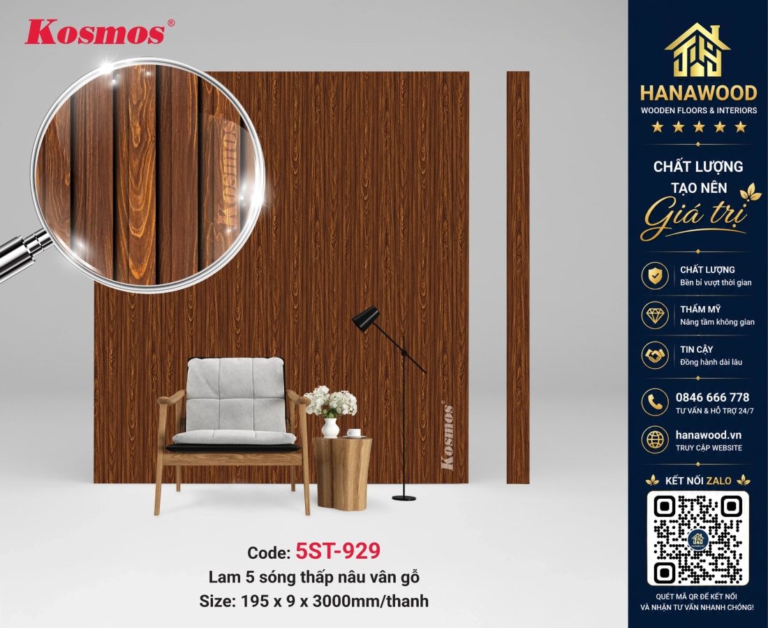 Ốp Tường Ốp Trần Lam 5 Sóng Nhựa Giả Gỗ Kosmos 5ST-929 chịu nước 100%