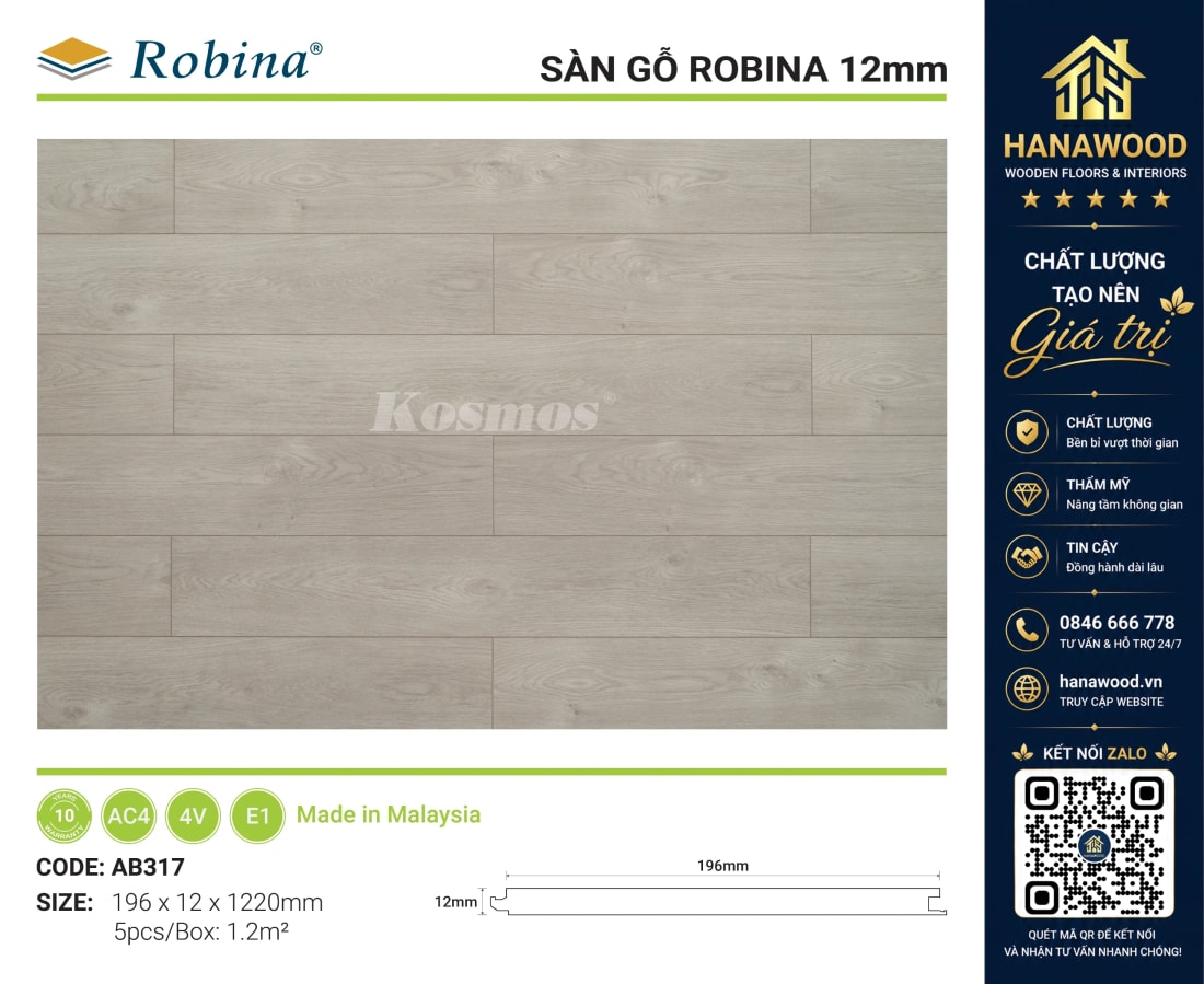 Sàn Gỗ Công Nghiệp Robina AB317 12mm Vân Gỗ Xám Tự Nhiên bề mặt chống bám bẩn