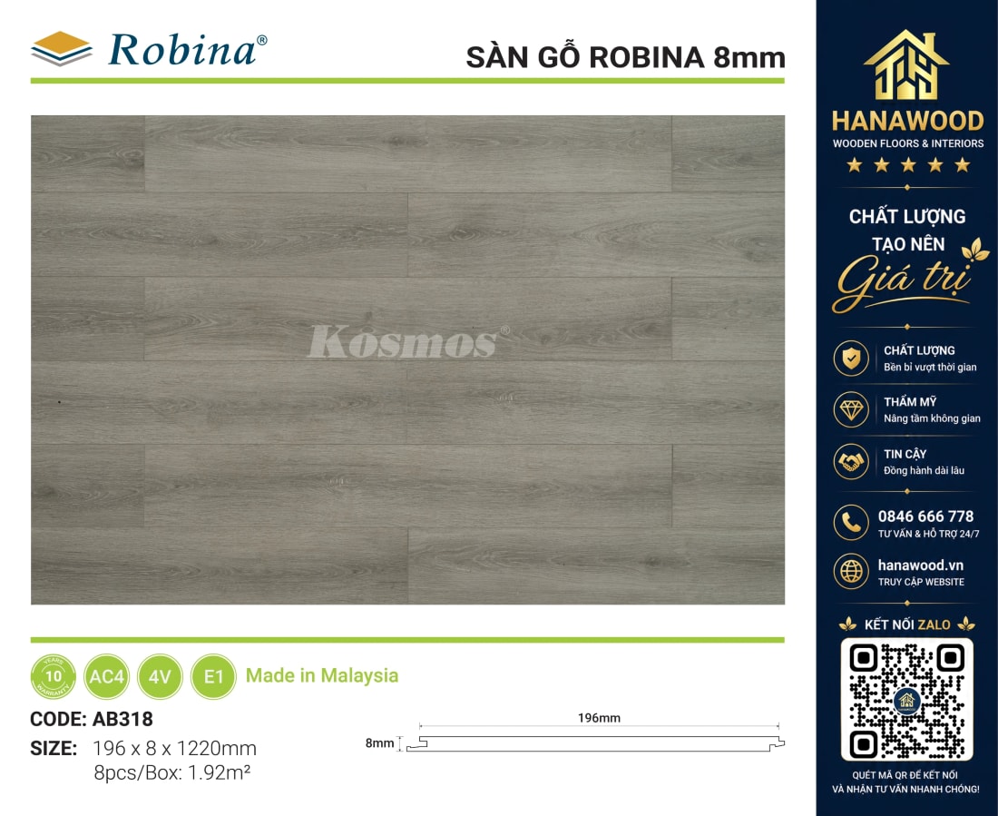 Sàn Gỗ Công Nghiệp Robina AB318 8mm Vân Gỗ Vàng Mật Ôm hèm khóa thông minh