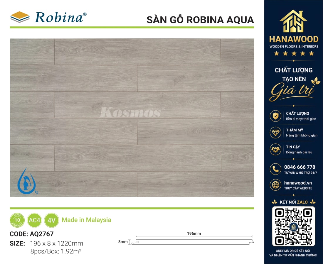 Sàn Gỗ Công Nghiệp Robina Aqua AQ2767 8mm Vân Gỗ Xám Khói chịu nước vượt trội
