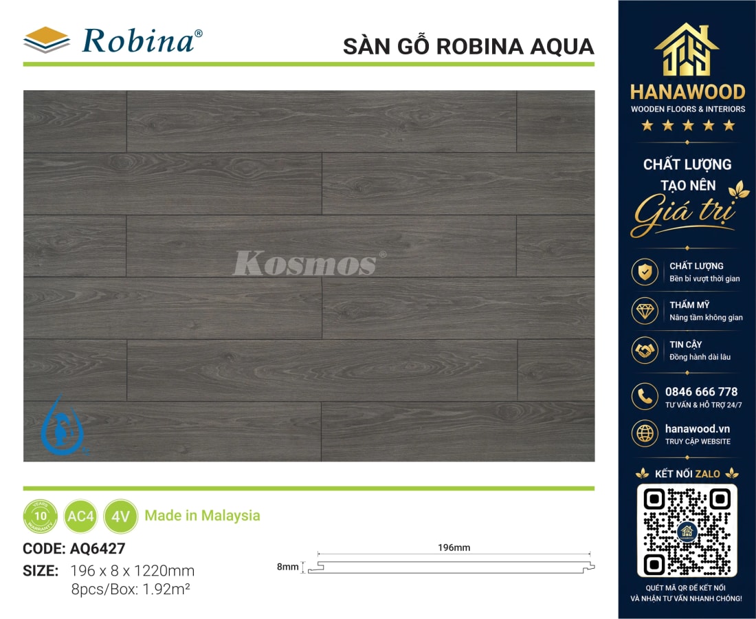 Sàn Gỗ Công Nghiệp Robina Aqua AQ6427 8mm Vân Gỗ Vàng Sáng chống cong vênh