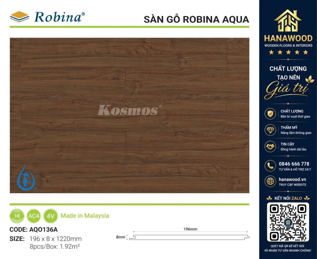 Sàn Gỗ Công Nghiệp Robina Aqua AQO136A 8mm Vân Gỗ Sồi Vàng Ấm bám chân tốt