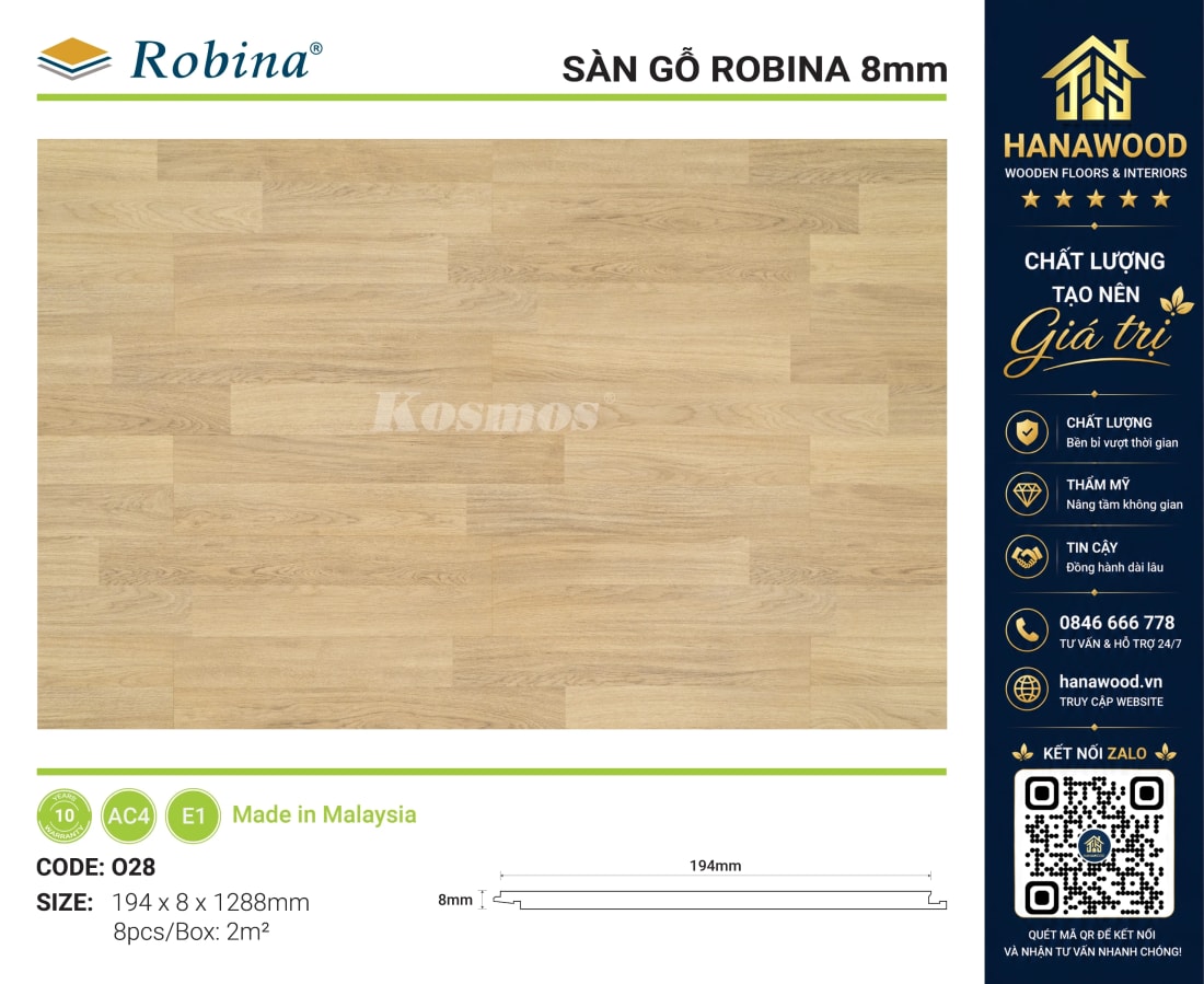 Sàn Gỗ Công Nghiệp Robina O28 8mm Vân Gỗ Nâu Cafe ấm áp chịu lực tốt