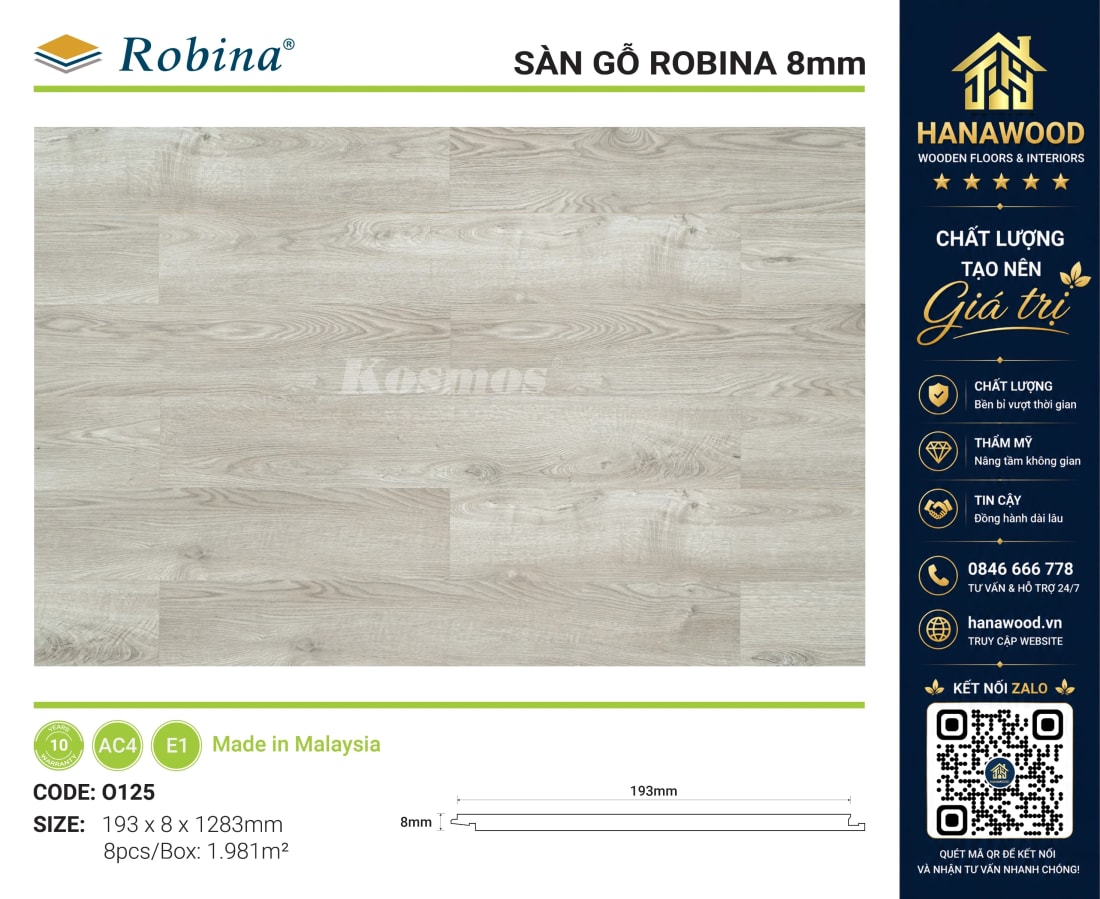Sàn Gỗ Công Nghiệp Robina O125 8mm Vân Gỗ Sồi Nhạt chống va đập cao