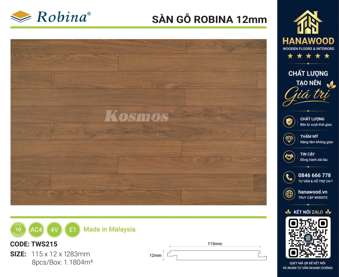 Sàn Gỗ Công Nghiệp Robina TWS215 12mm Vân Gỗ Sồi Đen cá tính hiện đại