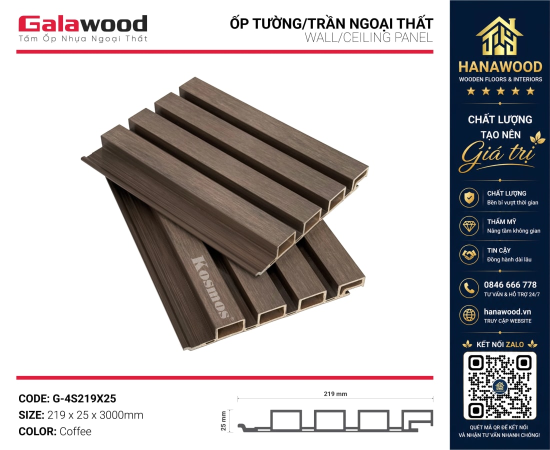 Tấm Ốp Lam 4 Sóng Ngoài Trời Phủ ASA Galawood G-4S219X25 Coffee chịu nắng mưa không mối mọt