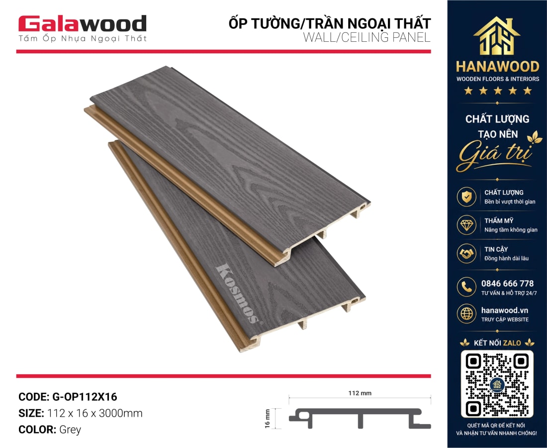 Tấm Ốp Vách Gỗ Nhựa Ngoài Trời Phủ ASA Galawood G-OP112X16 Grey xám hiện đại tối giản