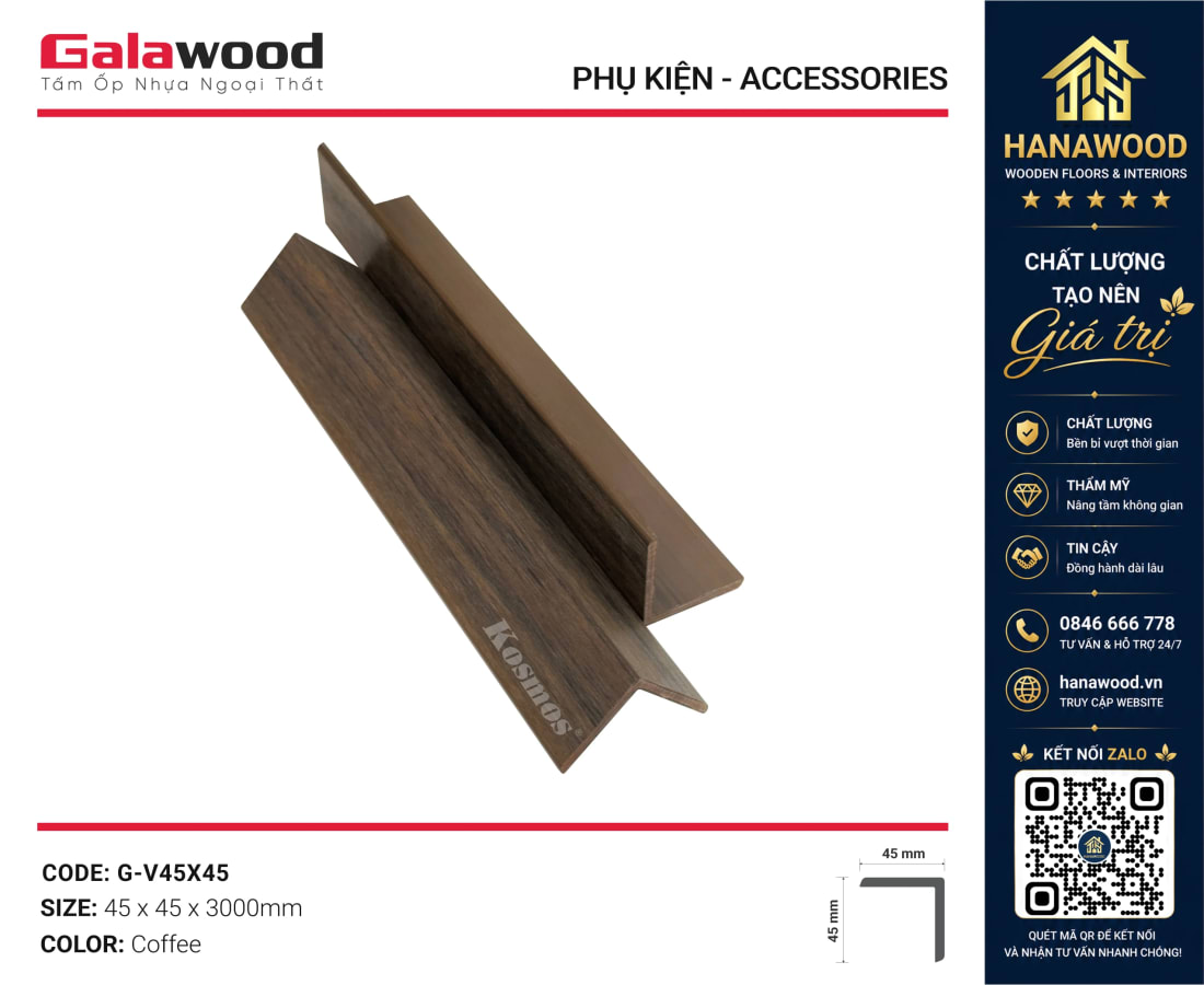 Nẹp V Gỗ Nhựa Ngoài Trời Phủ ASA Galawood G-V45X45 Coffee che khuyết điểm góc vuông