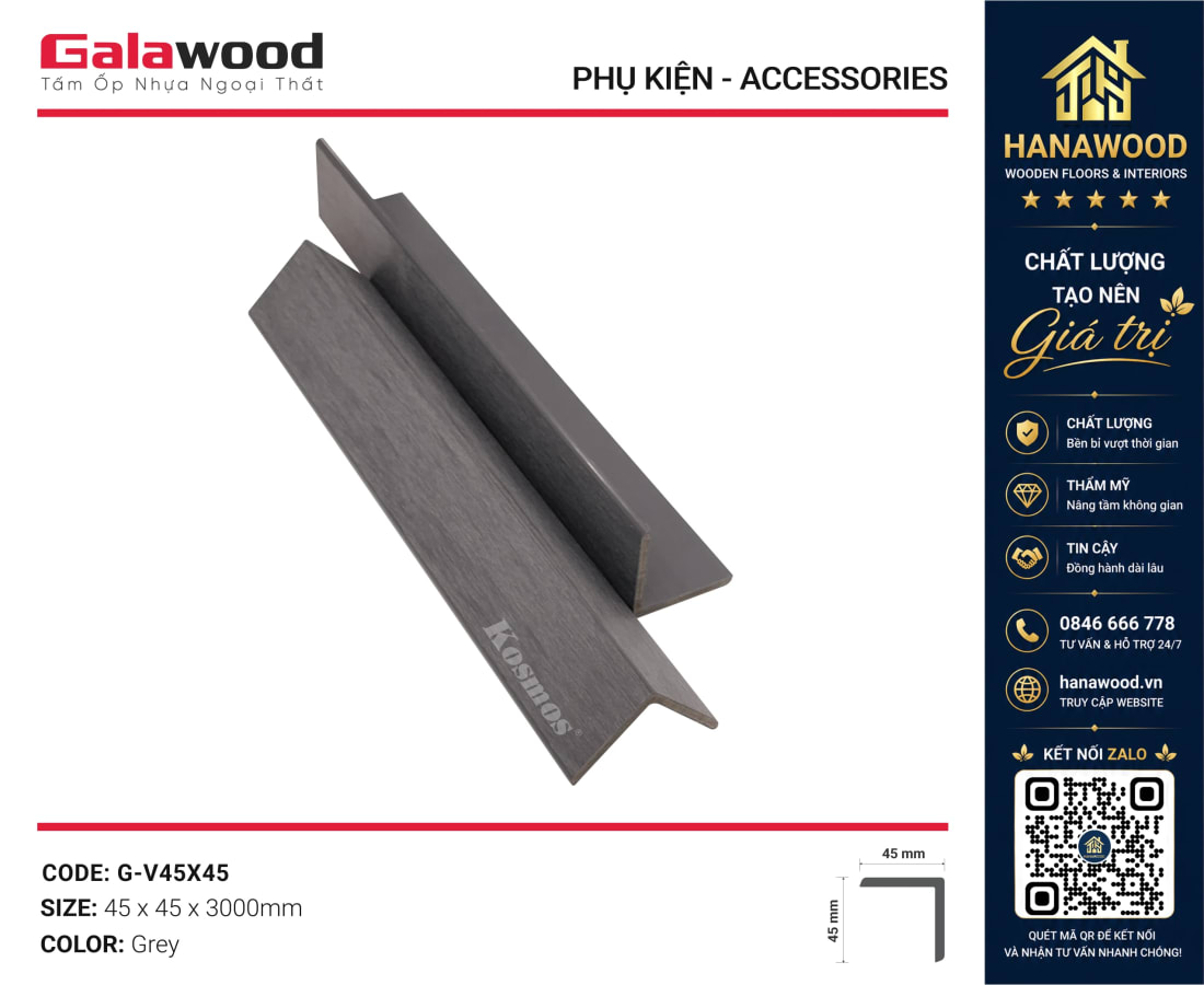 Nẹp Chữ V Gỗ Nhựa Ngoài Trời ASA Galawood G-V45X45 Grey màu xám trung tính nhẹ bền