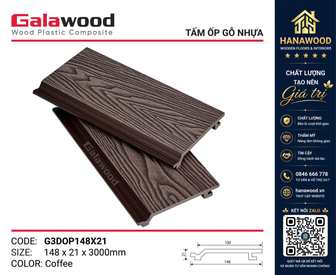 Tấm Ốp Gỗ Nhựa Ngoài Trời Galawood G3DOP148X21 Coffee vân 3D nổi chịu lực cao